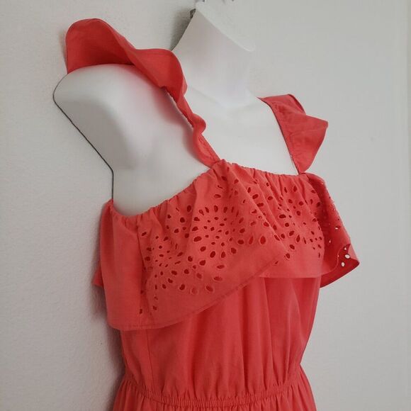 Lauren Conrad Midi Dress Small Orange Eyelet Ruffles Tiered Cottagecore - Picture 4 of 9